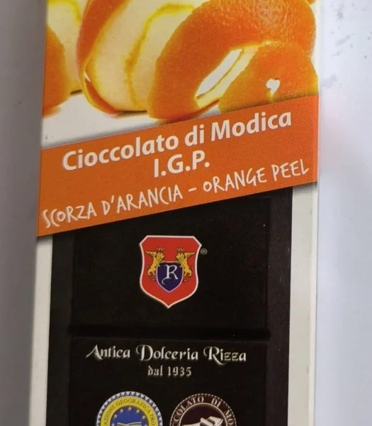 CIOCCOLATO DI MODICA SCORZE D' ARANCIA DOLCERIA RIZZA DAL 1935 SICILIA 100 G